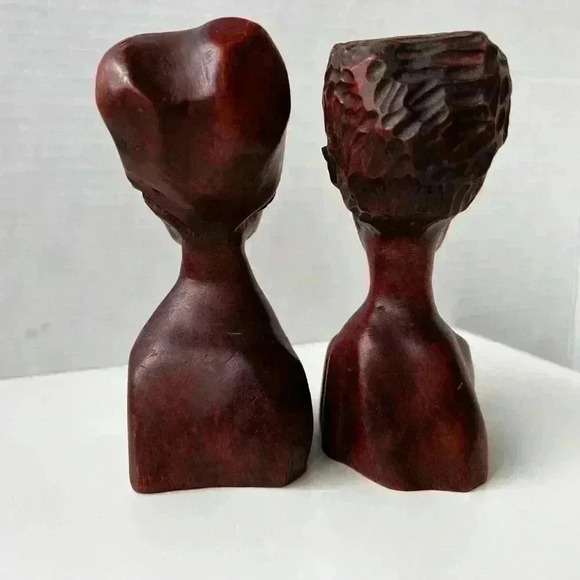 Vintage Hand Carved Wood Sculptures Man & Women Couple Bust African folk  art - Picture 3 of 6